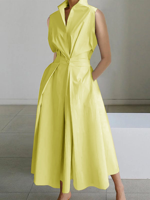 2024 Hellgrünes Baumwollkleid mit Peter-Pan-Kragen und Taschen, ärmellos