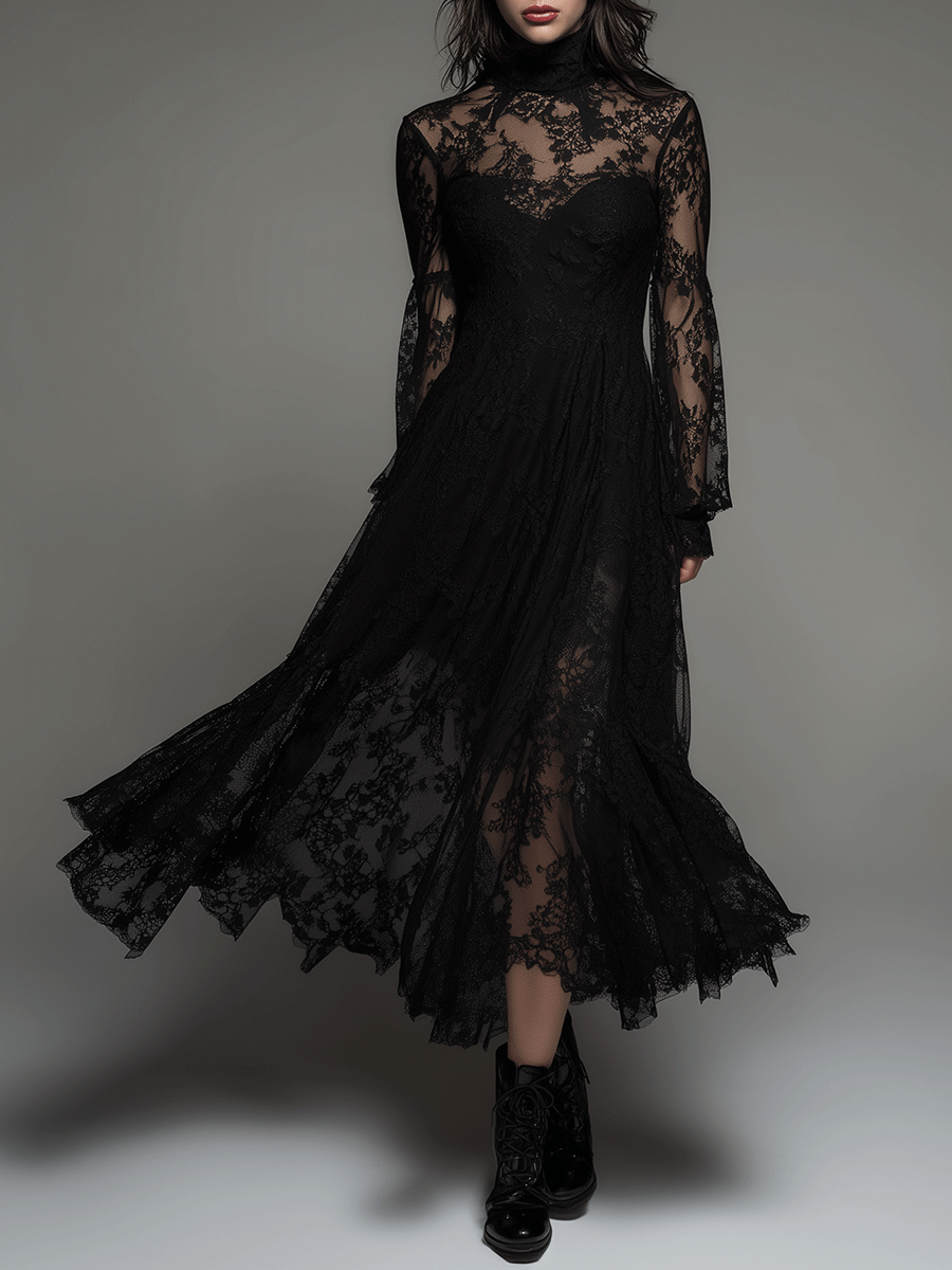Gothic Elegance Black Victorian Lace Maxi Dress