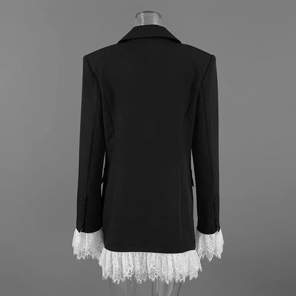 Black and White Lace Contrast-Color Waist-Defining Blazer-Style Skirt