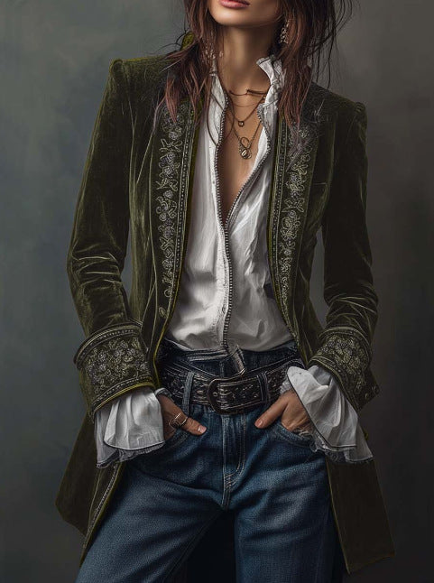 Vintage Navy Velvet Embroidered Long Jacket