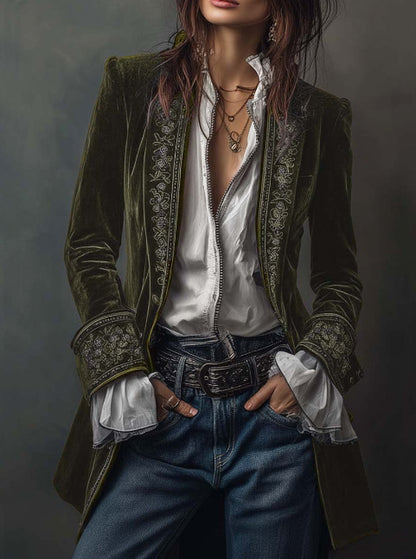 Vintage Navy Velvet Embroidered Long Jacket