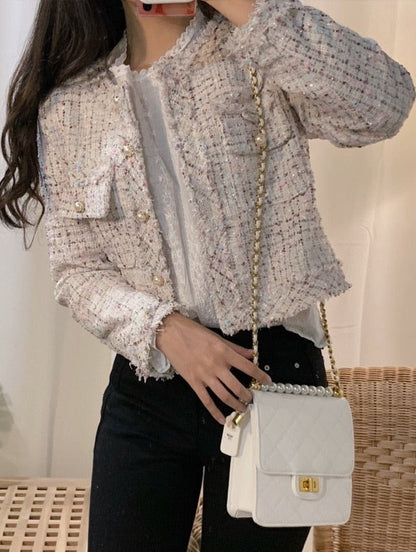 Chic Pearl-Buttoned Chanel-Style Short Jacket with Delicate Frayed Edges