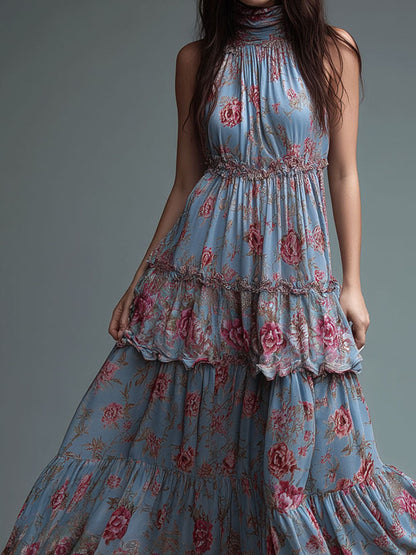 Boho Romantic High Neck Floral Tiered Maxi Dress Gown