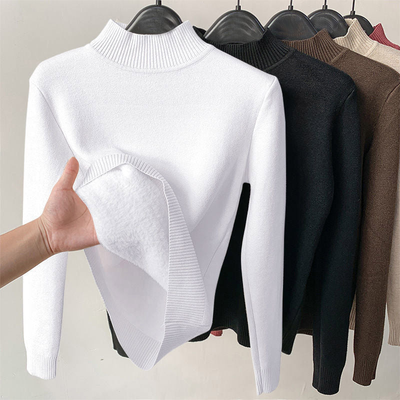 Basic Solid Color High-Neck Fleece-Lined Thermal Knit Base Layer