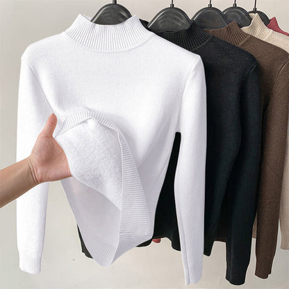 Basic Solid Color High-Neck Fleece-Lined Thermal Knit Base Layer