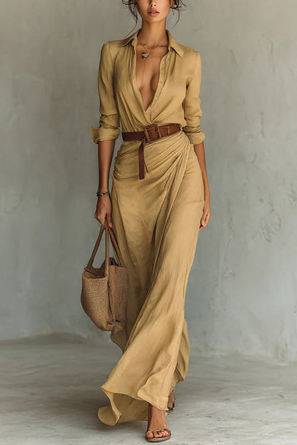 Single Breasted Long Sleeve Warp Slit Shirt Maxi Dress