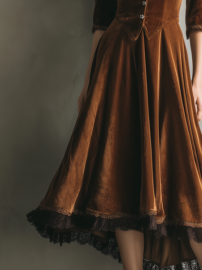 Vintage Three-Quarter Sleeves Lace High-Low Hem Velvet Two Pieces Set