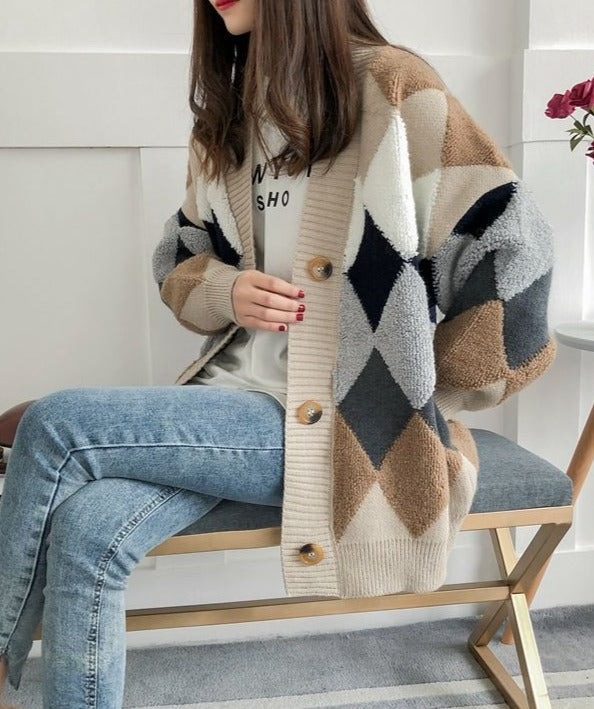 Contrast-Color Diamond-Quilted Oversized Knit Cardigan