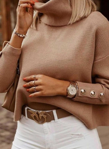 High-Neck Loose-Fit Sweater with Metal Button Collar