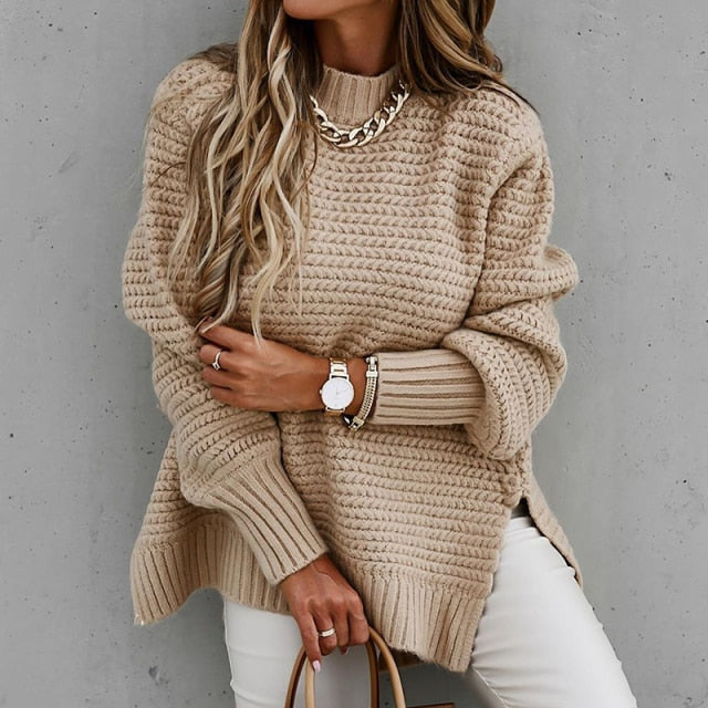 High-Neck Chunky Knit Oversized Sweater with Side Slit