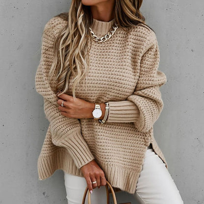 High-Neck Chunky Knit Oversized Sweater with Side Slit