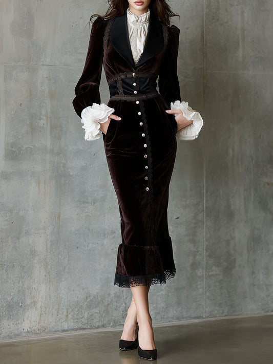 Elegant Structured Velvet Lace Midi Dress With Satin Lapel