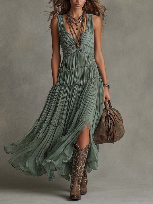 Bohemian Holiday Pleated Chiffon Tiered Maxi Dress