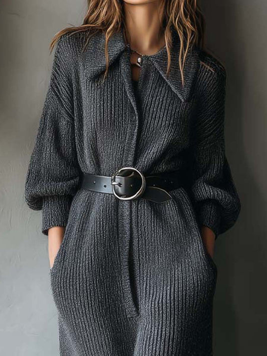 Ribbed Knit Oversized Maxi Dress With Statement Collar And Leather Belt
