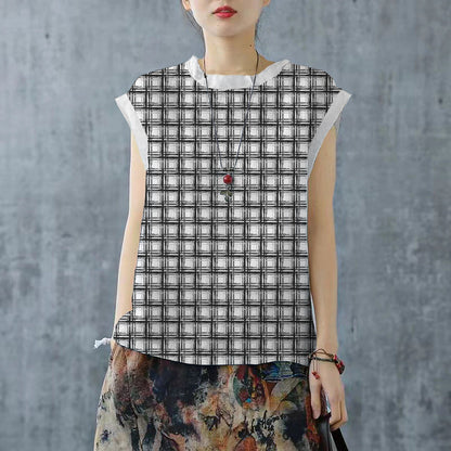 Camiseta de lino con cuello alto y cordón blanco de talla grande, manga corta