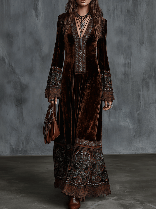 Bohemian Velvet Embroidered Borders Maxi Dress