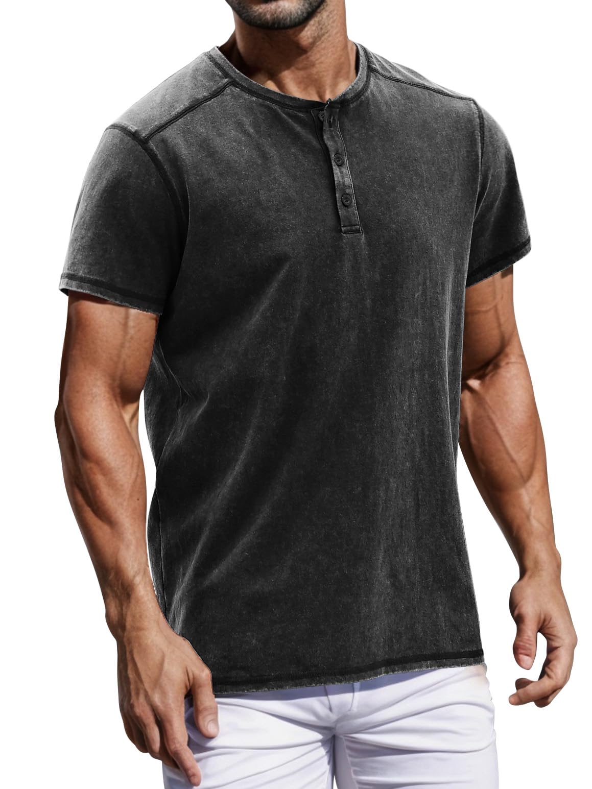 Men's Casual Basic Distressed Button Henley Shirt