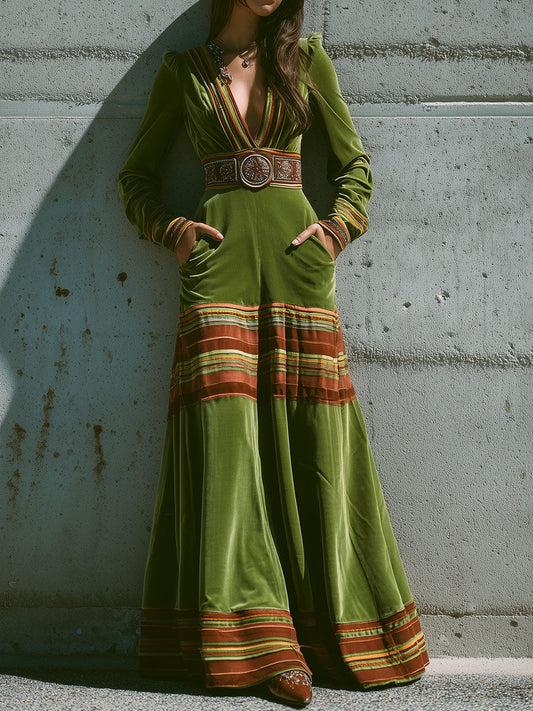 Boho Olive Green Velvet Striped Hem Maxi Dress