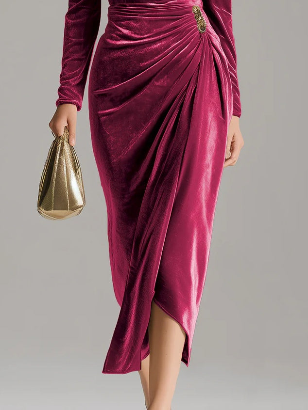Elegant Pile Collar Velvet Midi Dress