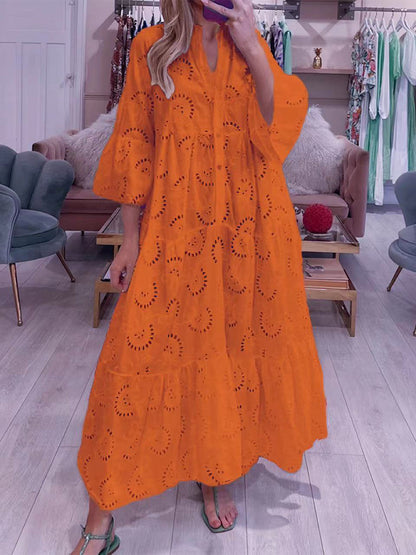 Lace Hollow V-Neck Trumpet Sleeve Dress