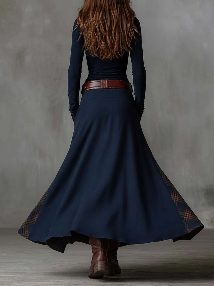 Navy Plaid Paneled Vintage Suede Maxi Dress