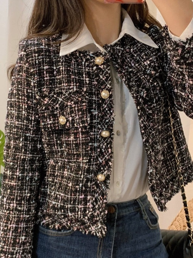 Chic Pearl-Buttoned Chanel-Style Short Jacket with Delicate Frayed Edges