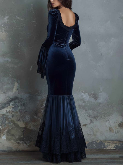 Velvet Lace-Trimmed Fishtail Maxi Dress