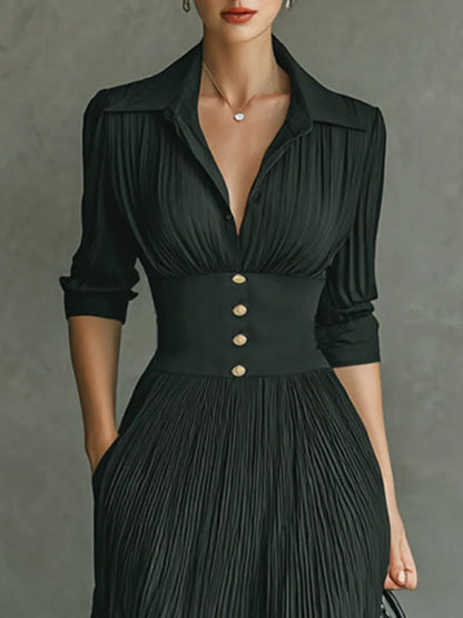 Elegant Pleated Lapel Waisted Long-sleeved Maxi Dress