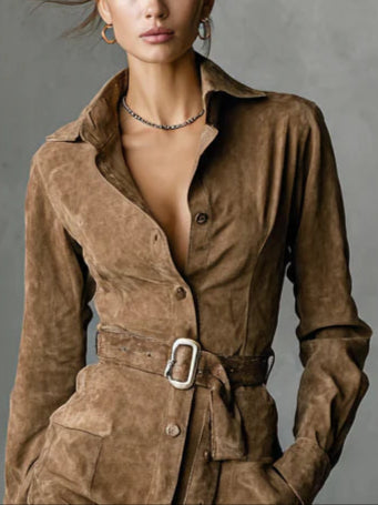 Suede Single Breasted Lapel Long Sleeve Midi Dress