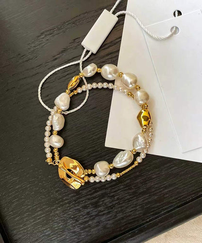 Stylish Gold Copper Overgild Pearl Double Layer Charm Bracelet