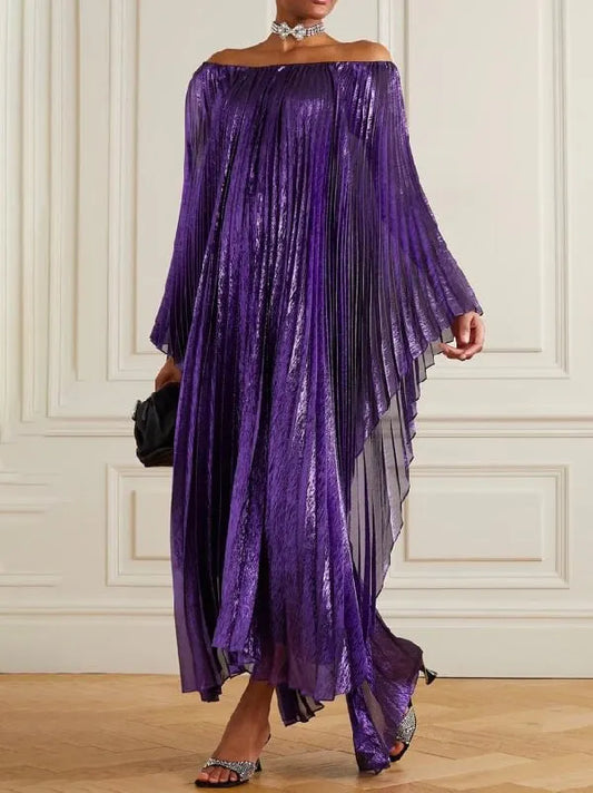 Pleated Batwing Sleeves Off-The-Shoulder Maxi Evening Dresses