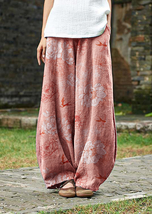2024 Baumwolle und Leinen Damen im chinesischen Stil Ramie wilde Hosen Yoga rosa-Blumen-Hosen