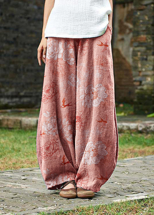 2024 Baumwolle und Leinen Damen im chinesischen Stil Ramie wilde Hosen Yoga rosa-Blumen-Hosen