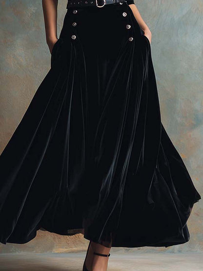 Black Velvet Maxi Dress With Belt And Double-Breasted Detail