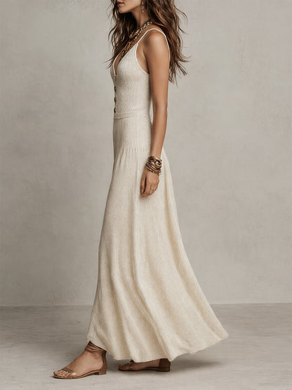 Vintage Knitted Button-down Sleeveless Maxi Dress