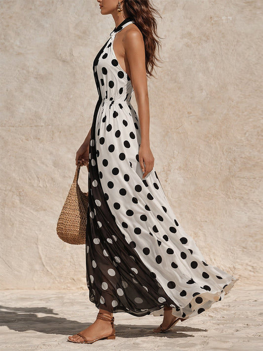 Vintage Polka Dot Chiffon Halter Neck Maxi Dress