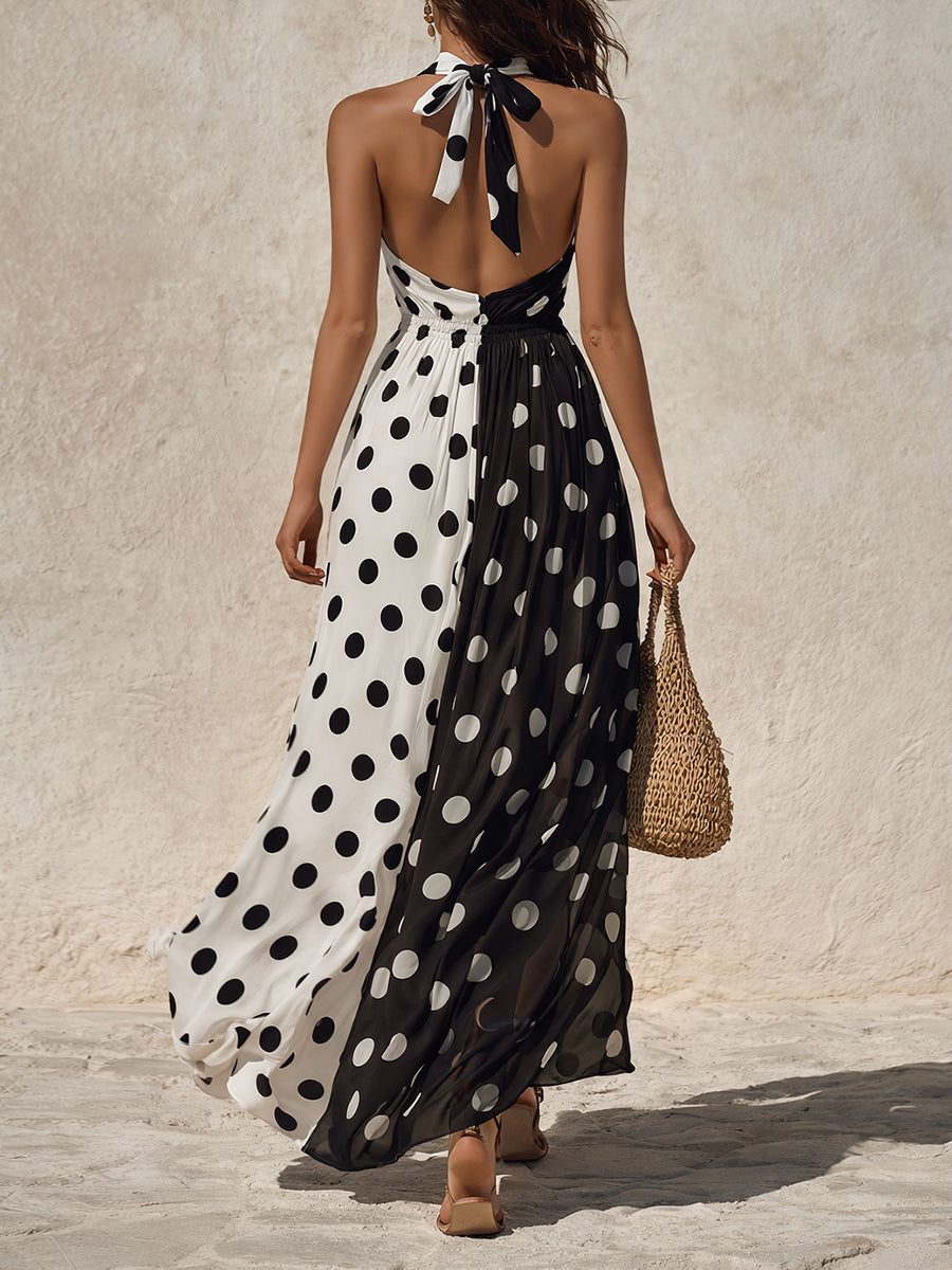 Vintage Polka Dot Chiffon Halter Neck Maxi Dress