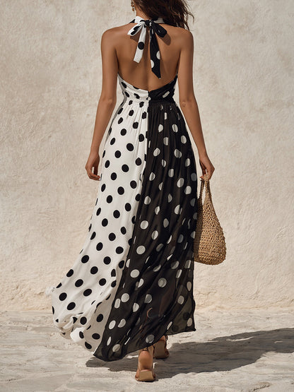 Vintage Polka Dot Chiffon Halter Neck Maxi Dress