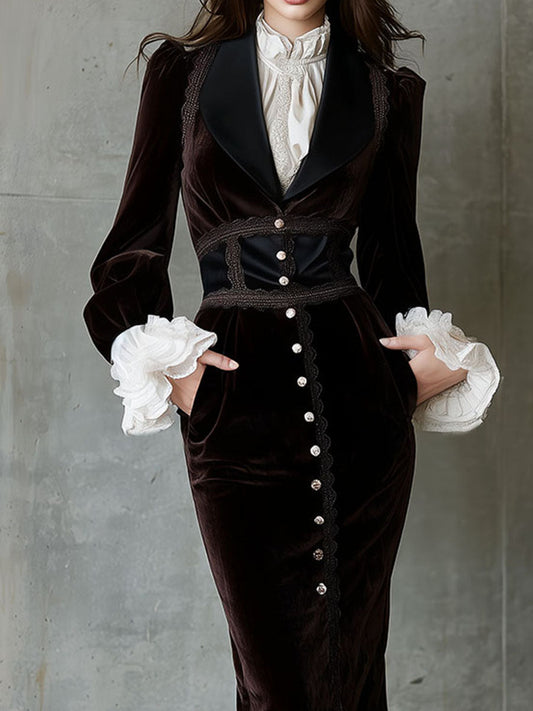 Elegant Structured Velvet Lace Midi Dress With Satin Lapel