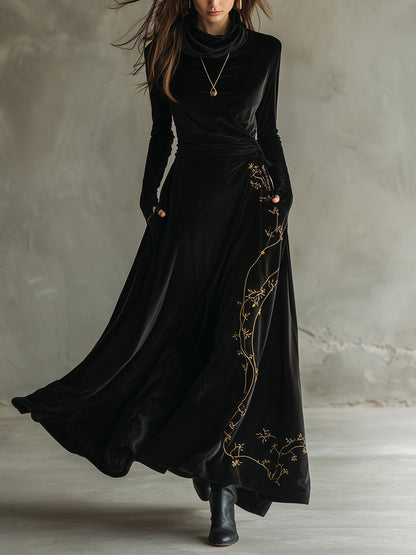 Pile Collar Polyester Velvet Embroidered A Line Maxi Dress