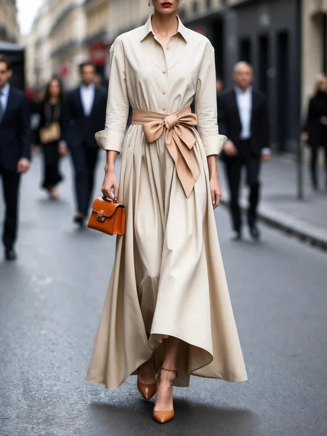 Elegant Long-sleeved Shirt-style Tie Maxi Dress