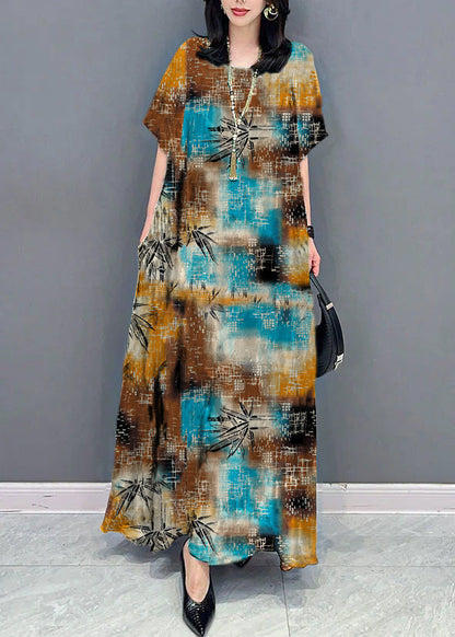 Bohemian black texture O Neck Pockets Print Patchwork Silk Long Dresses Summer