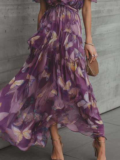 Romantic Boho Off-Shoulder Butterfly Print Maxi Dress