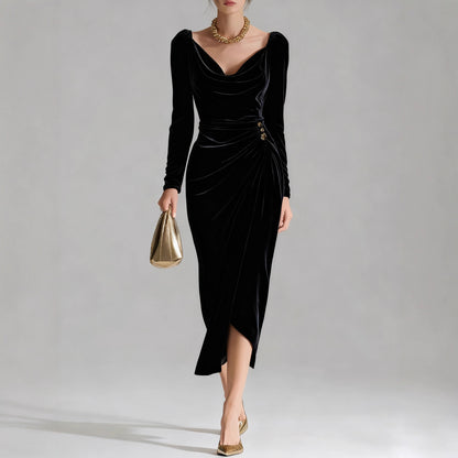 Elegant Pile Collar Velvet Midi Dress