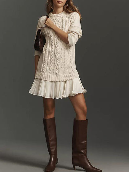 Women Crewneck Cable Knit Sweater Mini Dress