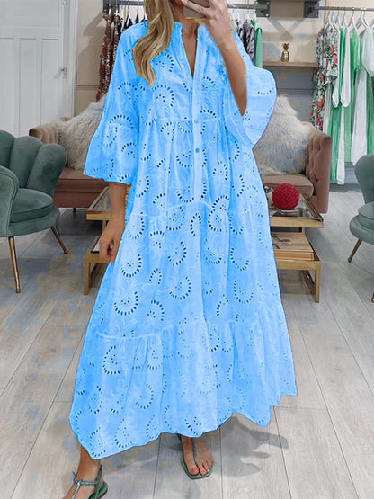 Lace Hollow V-Neck Trumpet Sleeve Dress