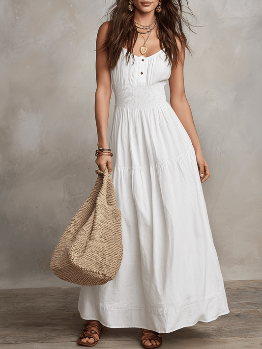 Bohemian White  Button-Front Maxi Dress