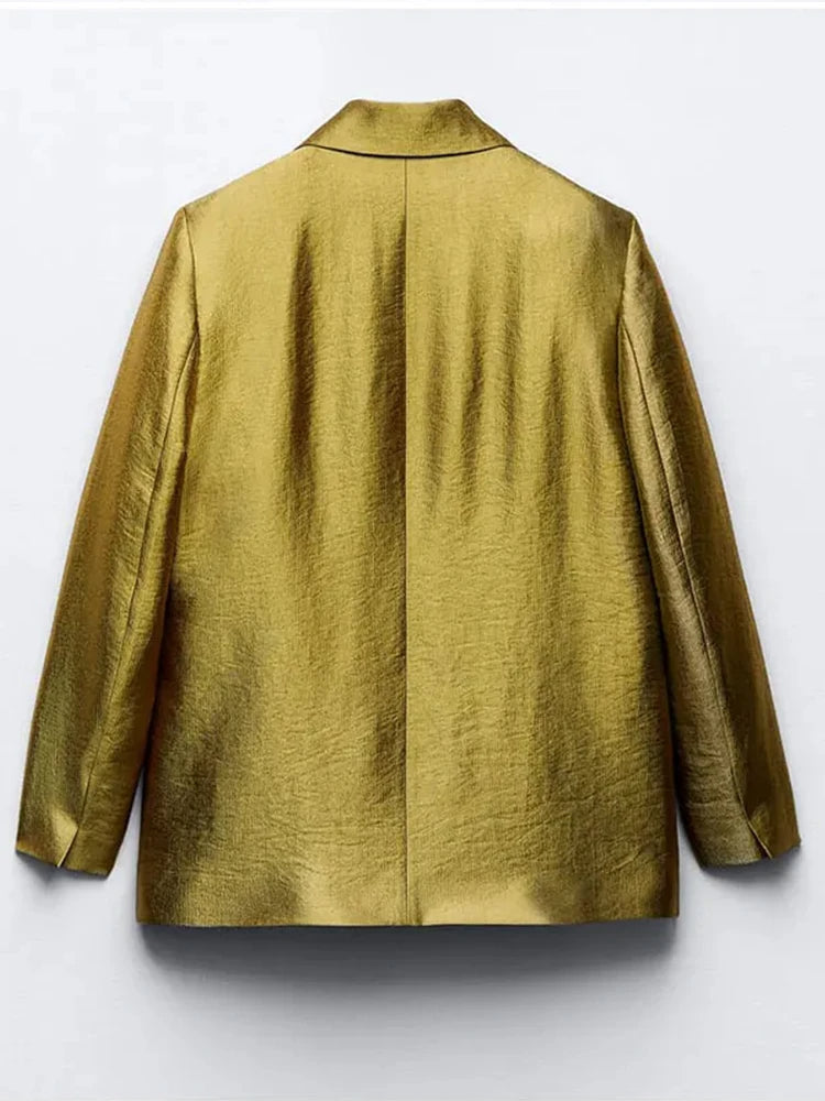Single-breasted fashion blazer with a bright metallic sheen