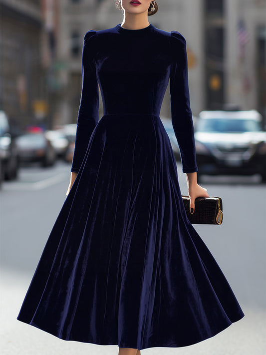 Luxurious   Velvet Long-Sleeve Midi Dress