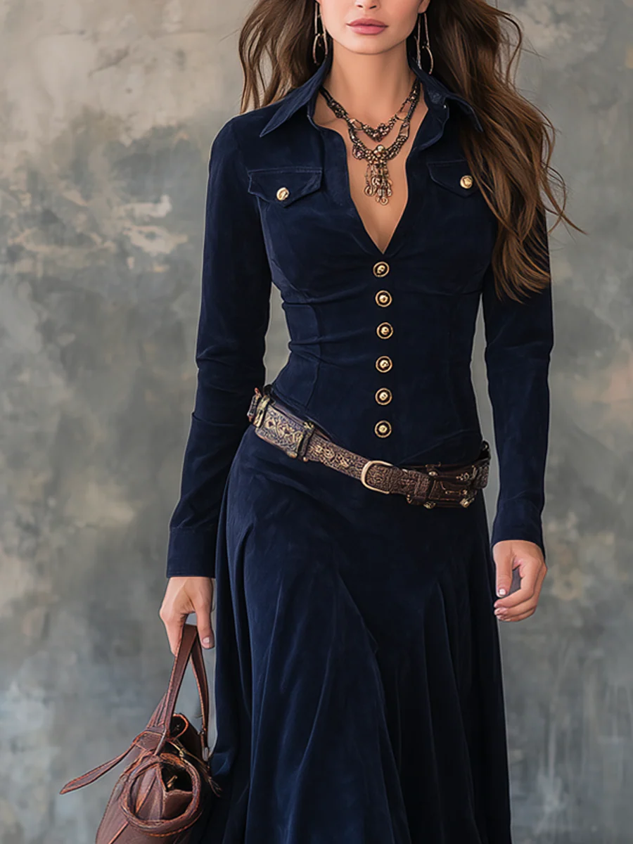 Vintage Flap Pocket Polyester Suede Maxi Dress